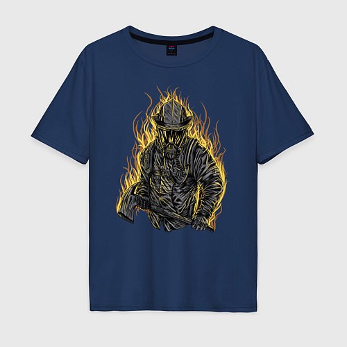 Мужская футболка оверсайз Пылающий пожарный / Тёмно-синий – фото 1