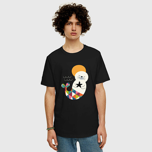 Мужская футболка оверсайз Морской котик / Черный – фото 3