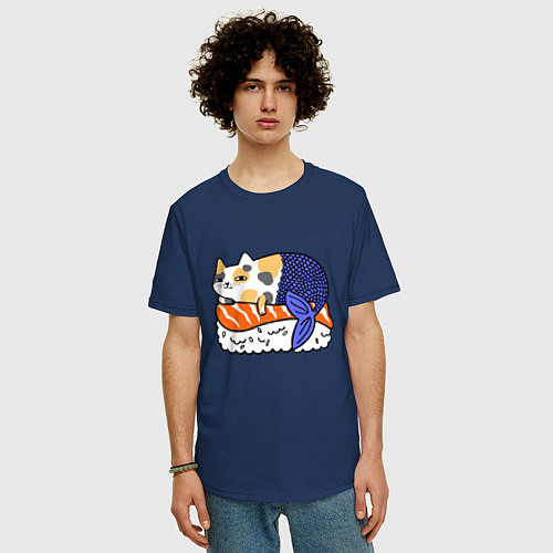 Мужская футболка оверсайз Sushi Cat / Тёмно-синий – фото 3