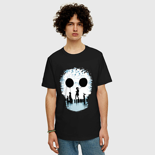 Мужская футболка оверсайз Иллюзия - девушка и юноша держат глаза Skull / Черный – фото 3