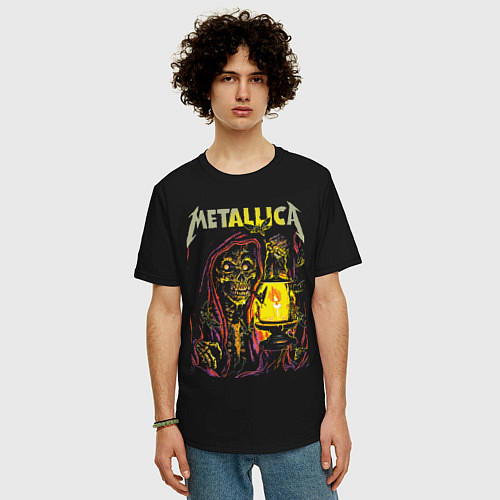 Мужская футболка оверсайз Metallica - скелет со свечой / Черный – фото 3