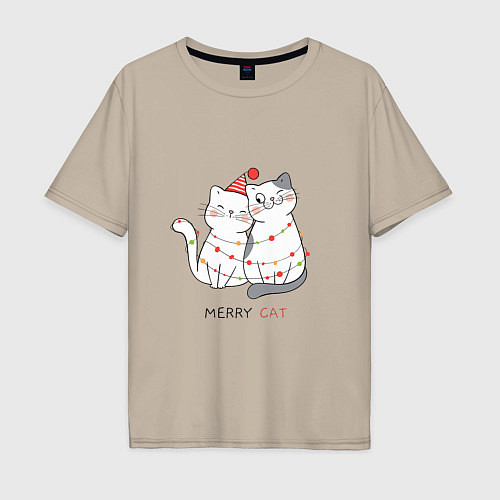 Мужская футболка оверсайз Merry Cat / Миндальный – фото 1
