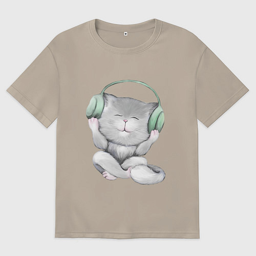 Мужская футболка оверсайз Котенок меломан / Миндальный – фото 1