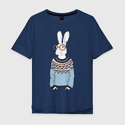 Футболка оверсайз мужская Кролик в свитере и очках, цвет: тёмно-синий