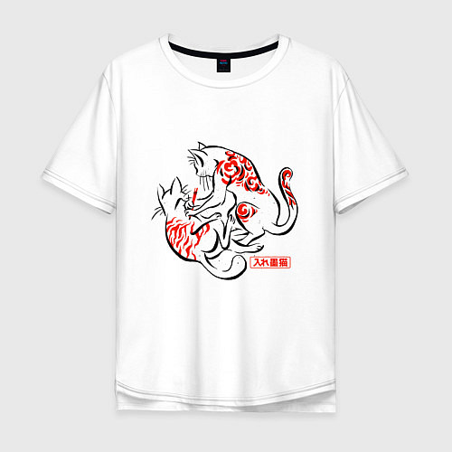 Мужская футболка оверсайз Японский самурайский Кот тату / Белый – фото 1