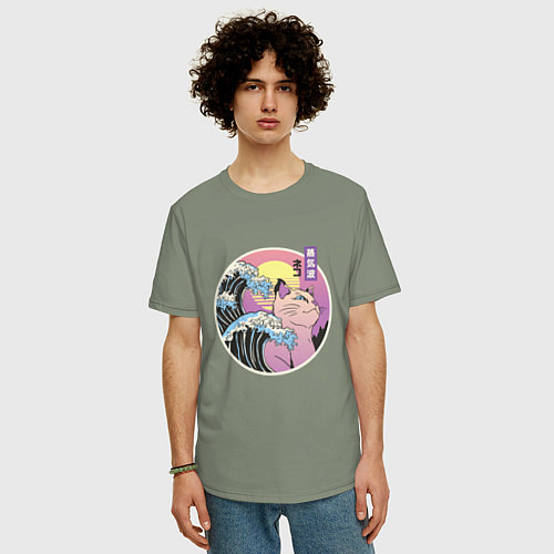 Мужская футболка оверсайз Vaporwave Sunset Кот Самурай / Авокадо – фото 3