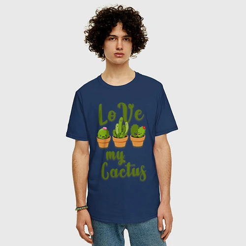 Мужская футболка оверсайз Люблю свои кактусы / Тёмно-синий – фото 3