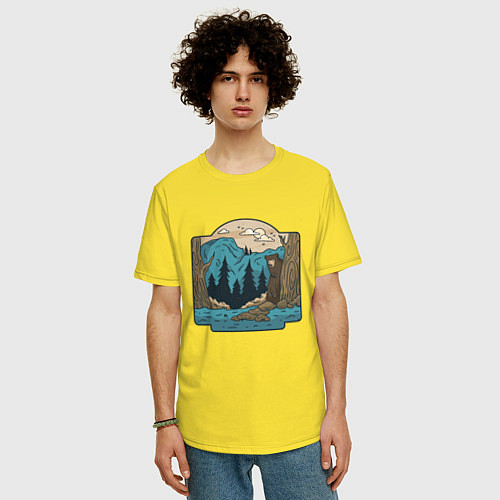 Мужская футболка оверсайз Пейзаж дикого леса с медведем / Желтый – фото 3