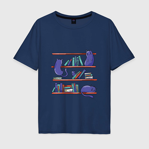 Мужская футболка оверсайз Библиотечные котики / Тёмно-синий – фото 1