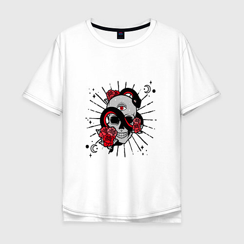 Мужская футболка оверсайз Череп с розами и змеёй / Белый – фото 1