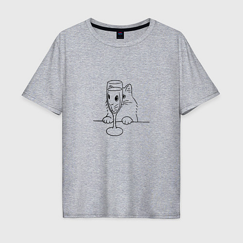 Мужская футболка оверсайз Кот с бокалом вина татуировка / Меланж – фото 1
