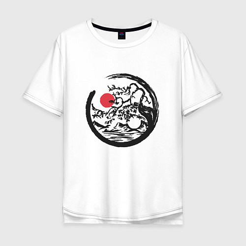 Мужская футболка оверсайз Инь и Янь пейзаж в стиле Энсо / Белый – фото 1