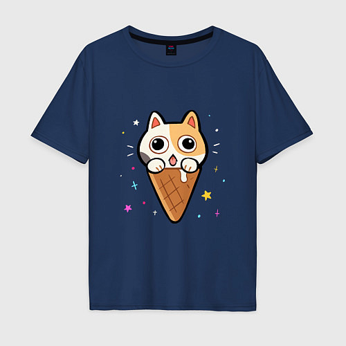 Мужская футболка оверсайз Ice Cream Cat / Тёмно-синий – фото 1
