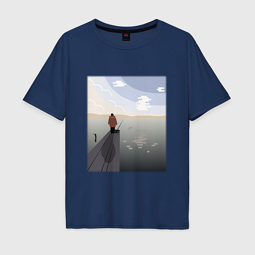 Мужская футболка оверсайз Рыбалка на озере / Тёмно-синий – фото 1