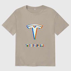 Футболка оверсайз мужская TESLA MOTORS GLITCH ТЕСЛА, цвет: миндальный