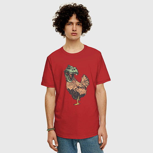 Мужская футболка оверсайз Тираннозавр курица - прикол / Красный – фото 3