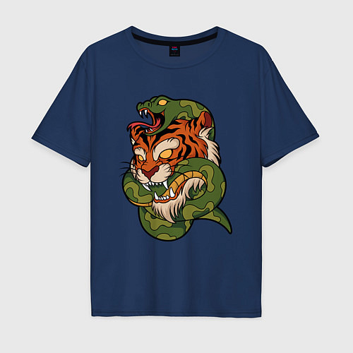 Мужская футболка оверсайз Тигр кусает змею / Тёмно-синий – фото 1