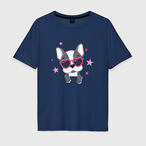 Мужская футболка оверсайз Маленькая собачка в очках Star / Тёмно-синий – фото 1