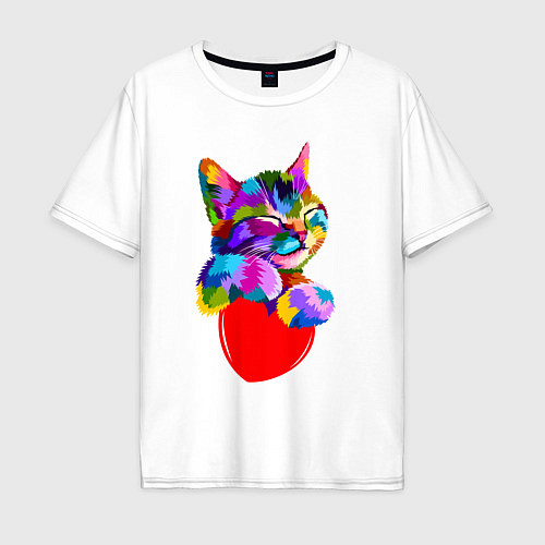 Мужская футболка оверсайз РАДУЖНЫЙ КОТИК RAINBOW KITTY / Белый – фото 1