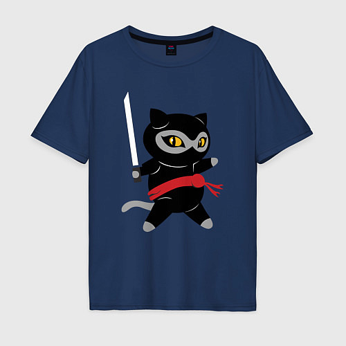 Мужская футболка оверсайз Ninja Cat / Тёмно-синий – фото 1