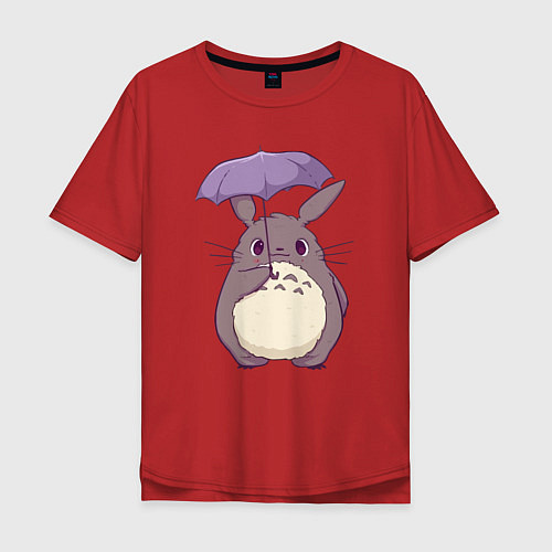 Мужская футболка оверсайз Кавайный Тоторо с зонтиком / Красный – фото 1