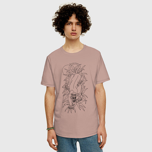 Мужская футболка оверсайз Пантера в джунглях тату / Пыльно-розовый – фото 3