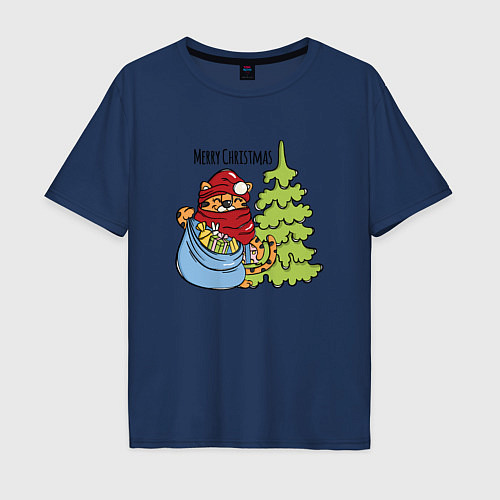 Мужская футболка оверсайз Tiger Christmas / Тёмно-синий – фото 1