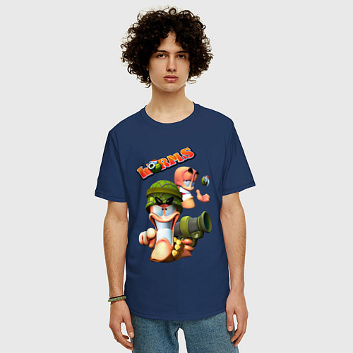 Мужская футболка оверсайз Worms3D / Тёмно-синий – фото 3