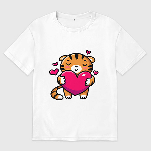 Мужская футболка оверсайз Милый тигренок с сердечком / Белый – фото 1