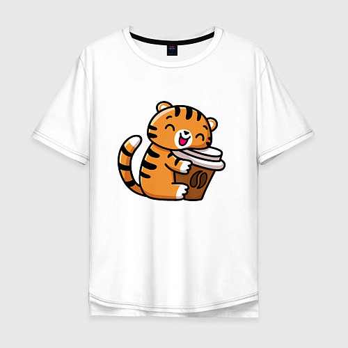 Мужская футболка оверсайз Тигренок и кофе / Белый – фото 1