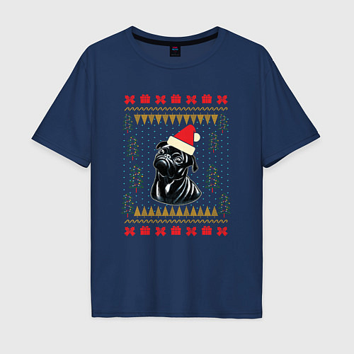 Мужская футболка оверсайз Рождественский свитер Черный мопс / Тёмно-синий – фото 1