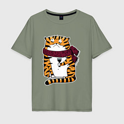Мужская футболка оверсайз Недовольный тигр с бокалом вина