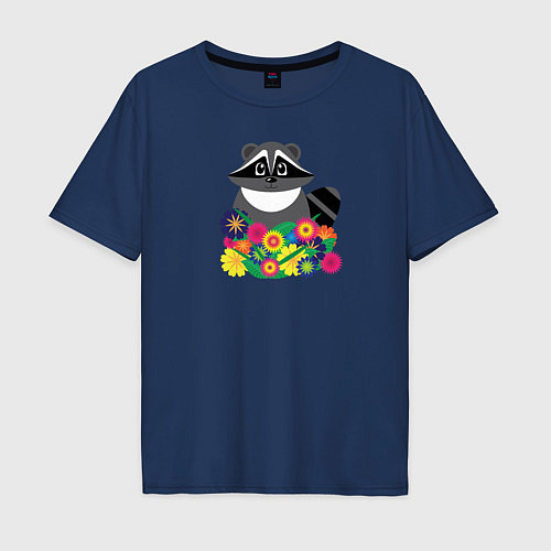 Мужская футболка оверсайз Цветочный енот / Тёмно-синий – фото 1