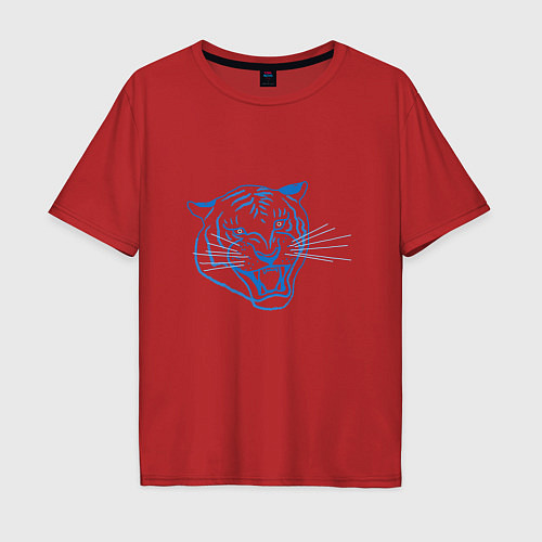 Мужская футболка оверсайз Контур головы синего тигра, арт лайн / Красный – фото 1