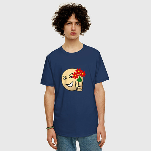 Мужская футболка оверсайз Стикер с цветами / Тёмно-синий – фото 3