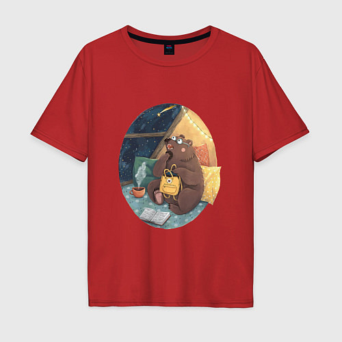 Мужская футболка оверсайз Мечтающий медведь / Красный – фото 1
