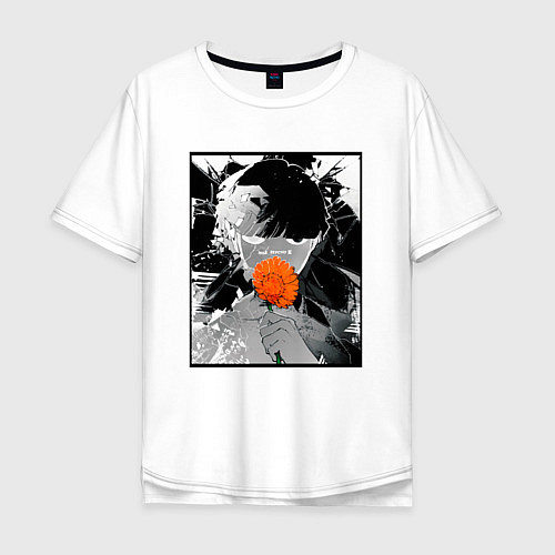 Мужская футболка оверсайз Моб Психо 100 с цветком в рамке 3 сезон / Белый – фото 1