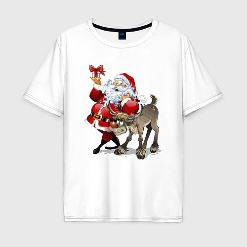 Мужская футболка оверсайз Прикольный дедуля с подарком и олень / Белый – фото 1