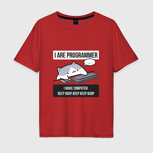 Мужская футболка оверсайз I are programmer beep boop Кот программист / Красный – фото 1