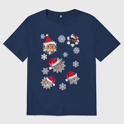 Футболка оверсайз мужская Новогодние Коты в Шапках, цвет: тёмно-синий