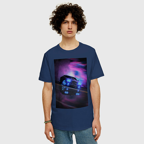 Мужская футболка оверсайз Авто в неоне / Тёмно-синий – фото 3