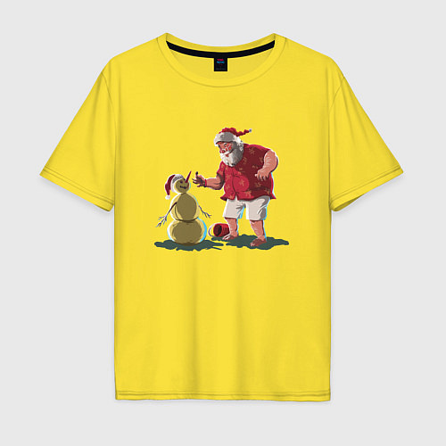 Мужская футболка оверсайз Ретро Пляжный Санта со снеговиком / Желтый – фото 1