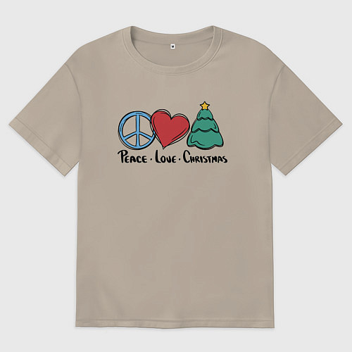 Мужская футболка оверсайз Peace Love and Christmas / Миндальный – фото 1