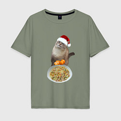 Мужская футболка оверсайз Новогодний кот и оливье