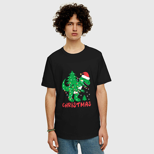 Мужская футболка оверсайз Christmas Dinosaur / Черный – фото 3