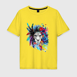 Футболка оверсайз мужская Лев в цветах и перьях, цвет: желтый