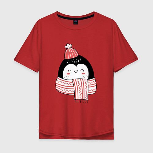 Мужская футболка оверсайз МИЛЫЙ НОВОГОДНИЙ ПИНГВИН В ШАПКЕ / Красный – фото 1