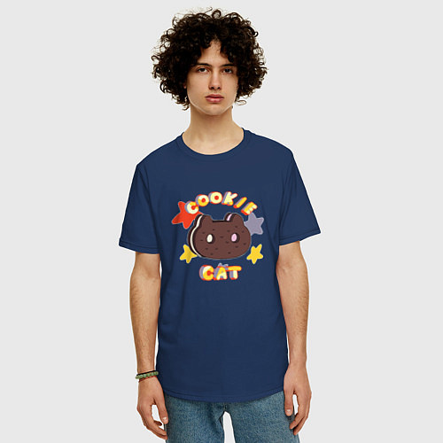 Мужская футболка оверсайз Котик печенька / Тёмно-синий – фото 3