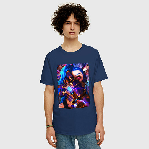 Мужская футболка оверсайз ARCANE LOL JINX FACE LEAGUE OF LEGENDS / Тёмно-синий – фото 3