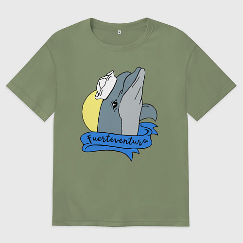 Мужская футболка оверсайз Дельфин на фоне солнца / Авокадо – фото 1